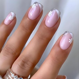 Christmas Press on Nails Short Square Pink Fake Nails Glossy French Tips Snowflake Full Cover False Nails Design Winter Glue on Nails Xmas Stick on Artificial Nails for Women Nail Decoration 24Pcs