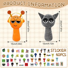 NlsqUK 2 Pcs Sprunki Plushies Toy with 50 Stickers, Sprunki Plush Merch for Games Fans, Soft Stuffed Animal Spunky Toys, Christmas Birthday Gifts for Adult Kids