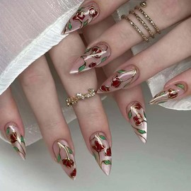 Almond Press on Nails Medium Fake Nails Pink False Nails Flower Acrylic Nails with Gold Line Design Glue on Nails Glossy Full Cover Stick on Nails Elegant Artificial Nails for Women Manicure 24Pcs