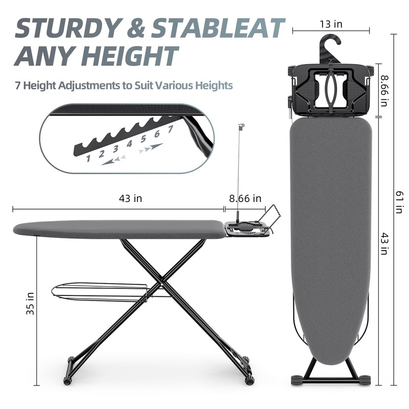 KINGBOARD Ironing Board, Compact Iron Board Full Size with Extra