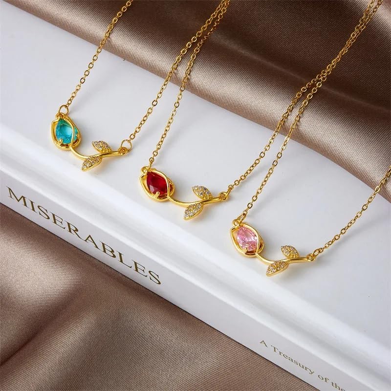 Generic 14k Yellow Gold Pink Zircon Tulip Pendant Necklace, Women's