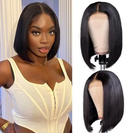 4 x 4 Bob Human Hair Wig, 100% Real Hair Wig, Straight Lace Front Wigs, Glueless Wig, Human Hair Wig, Women's Real Hair for Black Women, 150% Density, 12 Inches (31 cm)