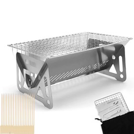 Mini Portable Camping Grill with Bamboo Stick/Storage bag, Small Assemblable Removable BBQ Grill Tabletop Fire Pit for Camping Patio Outdoor Stainless Steel Camping Grill Folding Barbecue Grills