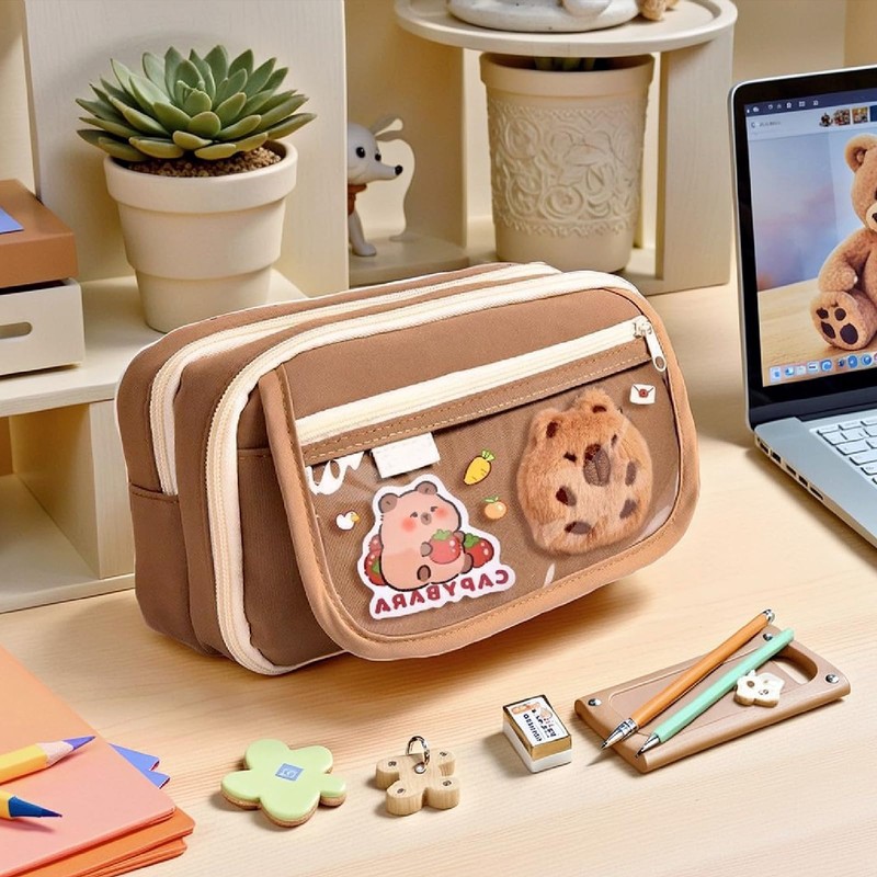 Capybara Large Capacity Pencil Case with Sticky Notes Stickers Pendants
