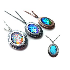 1 Glow in the Dark Mermaid Dragon Scale Locket Necklace You Pick Blue, Purple, Rainbow, or Red & 3 Metal Finishes
