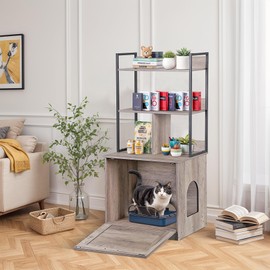 ZENY 2-in-1 Cat Litter Box Enclosure with Storage Shelves, Hidden Cat Litter Box Enclosure Furniture with Entrance (Grey)