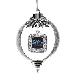 Inspired Silver - Mejor Abuelo Del Mundo - Silver Christmas Ornament - Square Charm Christmas Tree Ornament with Cubic Zirconia - Holiday Hanging Decoration