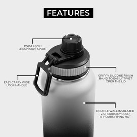 BOZ Stainless Steel Water Bottle - Vaccum Insulated Water Bottle 32 Oz - Wide Mouth BPA Free Sport Water Bottle for Gym with Spout Lid - Thermal Hot & Cold 1 Litre Gradient Black Waterbottle