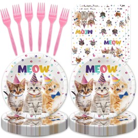 48pcs Cat Party Supplies,Disposable dessert tableware,include 16 Dessert Plate,16 Napkin and 16 Fork,Pet Cat Birthday Dessert plate Napkin Fork Set,Used for Kitten Party Decoration