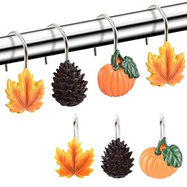 12PCS Pumpkin Maple Leaf Decorative Shower Curtain Hooks Rings for Fall Autumn Shower Curtains Bathroom Decorations, Metal Rustproof Fall Leaves Shower Curtain Rings (Maple Leaf Pumpkin Pinecone)