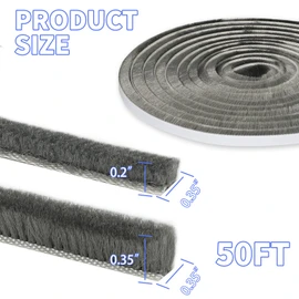 50Ft Self-Adhesive Brush Weather Stripping Door Seal 0.35" Wide x 0.35" Thick Neat Pile Brush Seal Strip for Doors and Windows Gray Soundproofing Weather Strip for Soundproof Windproof Dustproof