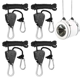 Pack of 4 Rope Ratchet with Hooks, Rope Ratchet Hanger Hanger, Adjustable Rope Ratchet for Plant Lamp, for Hanging Tent Growing Plant Lamp, 150 lb Capacity per Pair (Black)