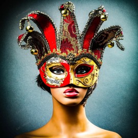 ILOVEMASKS Jester Joker Costume Venetian Half Face Masquerade Party Mask with Bells Gold - Black Gold