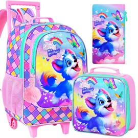 KLFVB Girls Bookbag with Wheels, 3PCS Kids Roller Backpack with Lunch Bag, Wheeled School Bag for Children - Dog