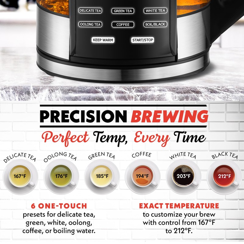 Gourmia Electric Programmable Glass Kettle – 1.7L Temperature Control Tea