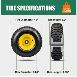 Taifa 15x6.00-6 Pneumatic Tire and Wheel Assembly, 4-Ply Tubeless NHS Lawn Mower Tires with 3/4", 5/8" Bearings, Riding Lawn Mower, Tractor, Turf Tread, 2 Pack