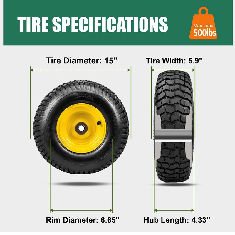Taifa 15x6.00-6 Pneumatic Tire and Wheel Assembly, 4-Ply Tubeless NHS