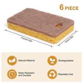 YICOTA 6 Pack Biodegradable Eco Sponges Compostable Natural Cellulose and Coconut Scouring Pads Non-Scratch Heavy Duty Dish Sponges for Kitchen Bathroom and Household Cleaning