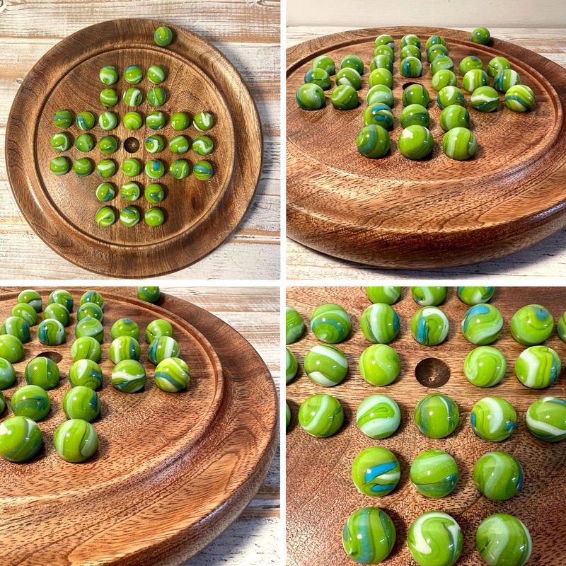 Solitaire Wooden Board Game with Green Goblin Glass Marbles 22cm