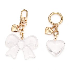 AUMEY Clear Transparent Bow & Heart Purse Charms 2 Pack, Smooth Scratch Resistant Acrylic Keychain with Lobster Clasp, Versatile Handbag Backpack Luggage Zipper Ornament Cute Fashion Gift for Ladies Gold Plated Hardware
