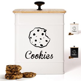 Cookie Jar with Airtight Lid - 1 Gallon - 6"D x 8"H White Iron Cookie Tin with Bamboo Lid - Large Cookie Jars with Lids Airtight - Farmhouse Cookie Jars for Kitchen Counter Decorative - Cookies Jar