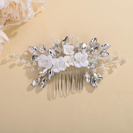 Teyglen Floral Flower Rhinestone Wedding Hair Comb Boho Silver Leaf Crystal Headpiece Bridal Crystal Side Comb Flower Hair Accessories for Women Bridesmaid(Silver)
