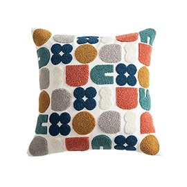 XSlive Boho Abstract Tufted Throw Pillow Cover Geometric Embroidered Decorative Pillowcase Farmhouse Cotton Square Accent Cushion Cover for Sofa Couch Bedroom (Type H,18"x18")