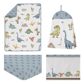 Sweet Jojo Designs Watercolor Dinosaur Dino Baby Boy Crib Bedding Set Infant Nursery Room Blanket Fitted Sheet Skirt Diaper Stacker 4p Green Blue White Modern Nature Jurassic Animal Tracks Footprint
