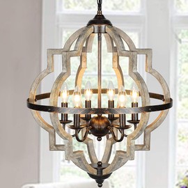 T&A Orb 6-Light Farmhouse Chandelier, Stardust Finish Rustic Brown Chandelier,Wood and Iron Component Vintage Island Light for Kitchen Dining Room Foyer