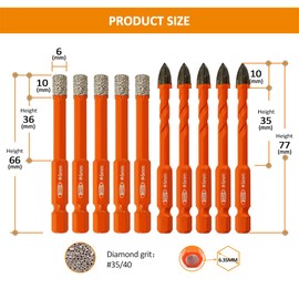 BGTEC Dry Diamond Drill Bits Set - 1/4" 6mm 5pcs Tile Cutter Hole Saw and 1/4" 6mm 5pcs Carbide Tip Drill Bits for Granite Marble Porcelain Ceramic Glass