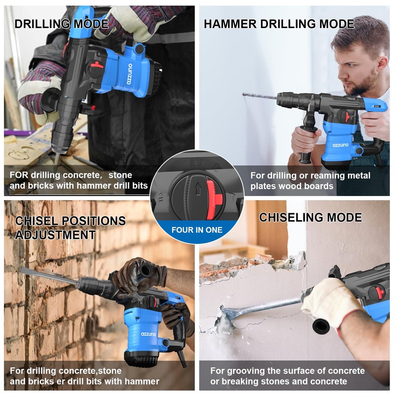 AZZUNO 1-1/4" SDS-Plus 15Amp Heavy Duty Rotary Hammer Drill, 4