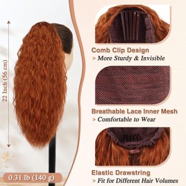 BARSDAR Comb Clip Ponytail Hairpiece, 56 cm Long Wavy Ponytail Extension, Copper Red with Drawstring, Synthetic Hair Extensions, Clip-In Ponytail Extension Hairpieces for Women - Copper Red