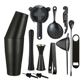 Cocktail Shaker Set - 13-Piece Bar Accessories Kit w/Weighted Boston Shaker, Strainer, Jigger, Muddler,Mixing Spoon and More - Home Bartending Tools, Accessories for Bartender, Matte Black