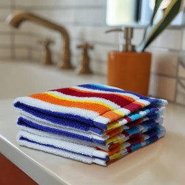 ORIGINAL KIDS Wash Cloth - 12 Pack 100% Cotton Yarn-Dyed Terry Washcloths - 450 GSM Quick Dry Soft Absorbent Gentle Baby Face Towels for Bathroom Travel Daycare - 12 x 12 inches - Cabana Stripe Multi