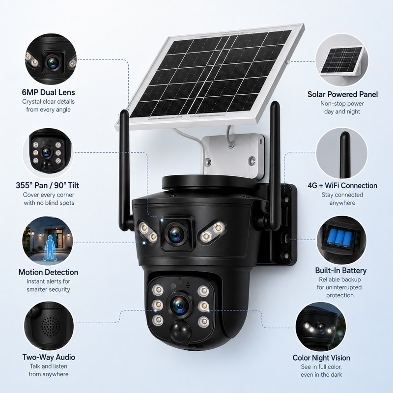 Solar Security Camera for Outdoor Monitoring – Dual-Lens 4G WiFi