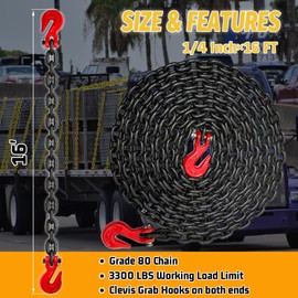 SENKEYFE 1/4" Tow Chain-G80 Transport Safety Chain with G70 Clevis Grab Hook for Towing|16FT Log Chains Wll 3300 Lbs|Heavy Duty Chain for Trailer Truck Tie Down Binding Equipment(Oiled Black)