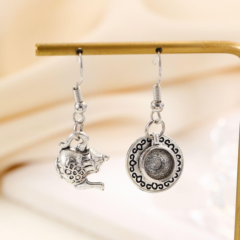 Vintage Tea Cup and Kettle Dangle Earrings Cute Teapot Teacup