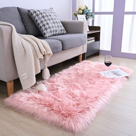 HEQUN Faux Lambskin Sheepskin Rug, Faux Fur, Decorative Fur, Imitation Longhair Fur, Imitation Wool Bed Rug, Sofa Mat (75 x 120 cm, Pink)