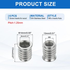 sourcing map 6Pcs Threaded Inserts Nuts, M8x17mm Hex Socket Drive Nut Inserts for Wood - 304 Stainless Steel Screws Furniture Screw in Nuts Bolt Fastener Connector Wood