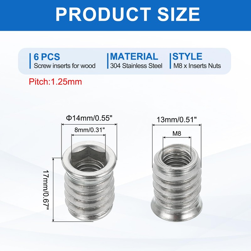 sourcing map 6Pcs Threaded Inserts Nuts, M8x17mm Hex Socket Drive
