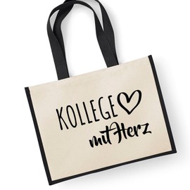 huuraa Jute Bag Colleague with Heart Shopper Shopping Bag Black 21 Litres with Motif for the Greatest People Gift Idea for Friends and Family, black
