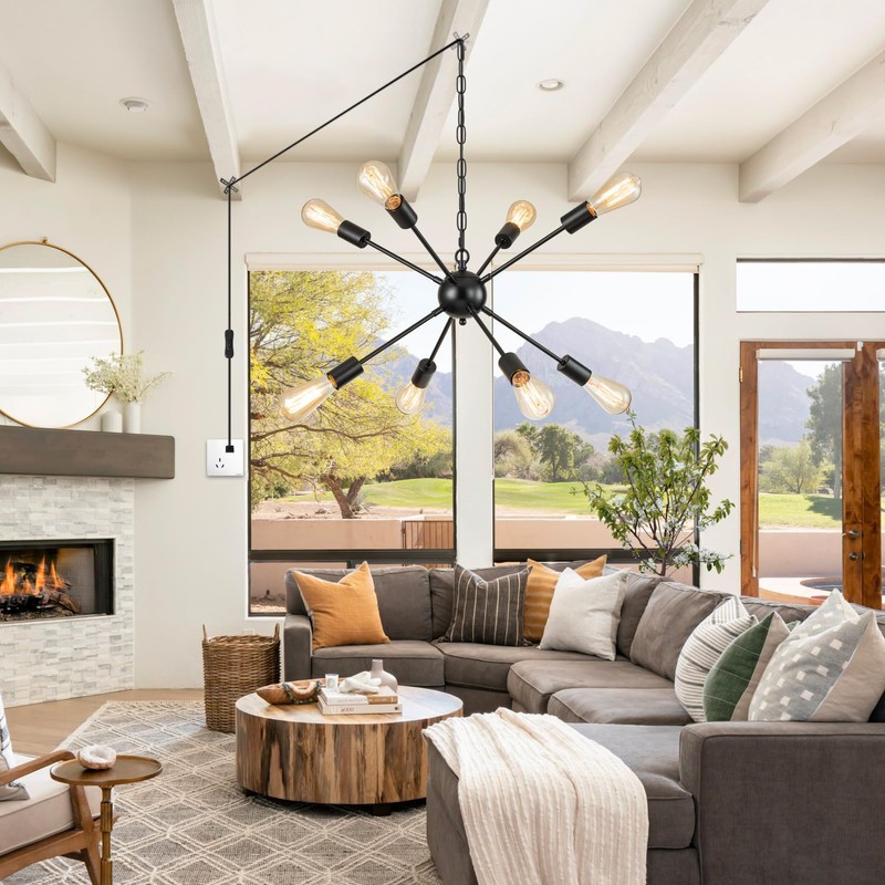 SineRise Plug-in Sputnik Chandeliers Black, 8 Lights Modern Sputnik Lighting
