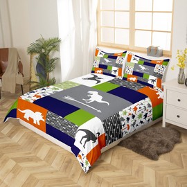 Dinosaur Printed Bedding Set Twin Size for Kids Boys Bedroom,Colorful Grid Bed Duvet Cover Set,Dinosaur Silhouette Comforter Cover Arrow Decor 2 Pieces 1 Duvet Cover with 1 Pillowcase No Comforter