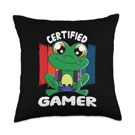 Frog with Gamer Headset Gaming Frog Certified Gamer Throw Pillow