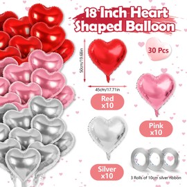 ASTIMESA 30 Pcs Pink Red Silver Heart Balloons with 3 Roll Ribbon, Large 18 Inch Mylar Foil Balloons, Helium Birthday Balloons for Engagement Party Bridal Shower Decorations Valentines Day (30 pcs)