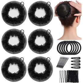 6Pcs Black Bun Hair Nets Set Womens Hair Clips Reusable Elastic Mesh Bun Cover for Ballerina Dancer Nurse Skater (L)