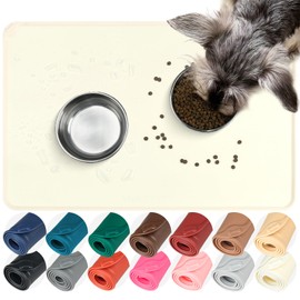 VIVAGLORY Flexmat Dog Food Mat Pet Food Mat for Food and Water & Indoor Cats, Waterproof Silicone Grippy with Raised Edges Lip, L, Ivory