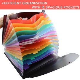 WOSHIGOU 12 Pockets Expanding File Folder, Accordion File Organizer with Colorful Tabs, Document Receipt Holder for Office, School, Home - Letter/A4 Size, Black, 1 PCS