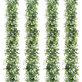 SOMYTING Artificial Eucalyptus Garland with White Flowers Artificial Greenery Garland Fake Hanging Flower Garland Plant Artificial Vines for Wedding Backdrop Arch Wall Table Decor (4)
