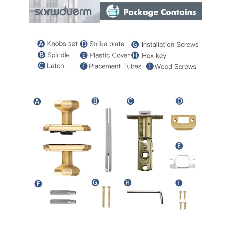 SORWDUERM 1 Pack Gold Door Knobs Passage Door Knobs Brushed